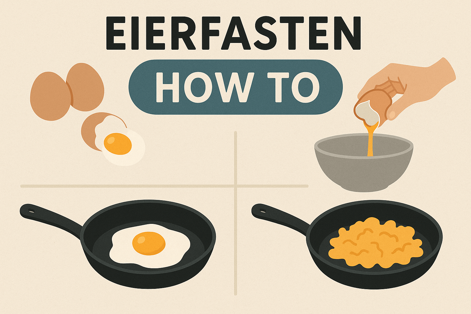 Illustration mit dem Titel „Eierfasten – How To“. Oben im Bild steht in großen Buchstaben „EIERFASTEN“ und darunter in einer farblich hinterlegten Fläche „HOW TO“. Links oben sind zwei ganze Eier und ein aufgeschlagenes Ei abgebildet. Rechts daneben gießt eine Hand den Inhalt eines Eis in eine Schüssel. Darunter sieht man zwei Pfannen: links eine mit einem Spiegelei, rechts eine mit Rührei. Die Illustration zeigt einfache Zubereitungsmöglichkeiten für Eier im Rahmen des Eierfastens.