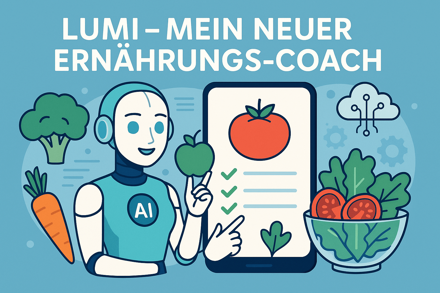 Illustration mit dem Titel „LUMI – Mein neuer Ernährungs-Coach“. Im Zentrum steht ein freundlich wirkender humanoider Roboter mit einem „AI“-Symbol auf der Brust. Der Roboter hält einen grünen Apfel in der Hand und zeigt auf ein großes Smartphone-Display, auf dem eine Tomate und mehrere grüne Häkchen zu sehen sind – als Zeichen für gesunde Ernährungsempfehlungen. Um die Figur herum befinden sich verschiedene Lebensmittel wie Brokkoli, Karotte, Spinat und eine Schüssel mit Tomatensalat. Im Hintergrund sind Cloud- und Zahnradsymbole angedeutet, die für digitale Technologien und künstliche Intelligenz stehen.