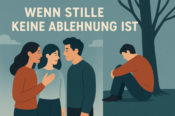 Illustration mit dem Titel „Wenn Stille keine Ablehnung ist“. Links im Bild stehen drei Personen – zwei Frauen und ein Mann – in freundlicher Unterhaltung beieinander. Sie lächeln sich an und wirken entspannt. Rechts im Bild sitzt abseits davon ein Mann mit niedergeschlagenem Blick allein unter einem kahlen Baum, die Arme um die Beine geschlungen. Die Farbgebung ist in ruhigen Blau- und Brauntönen gehalten. Das Bild verdeutlicht das Gefühl von Missverständnis in Bezug auf stille oder zurückgezogene Menschen.