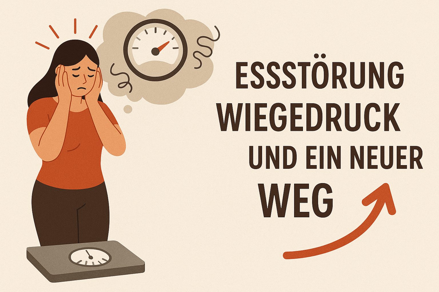 Illustration mit dem Titel „Essstörung, Wiegedruck und ein neuer Weg“. Links steht eine Frau mit langen dunklen Haaren, die besorgt wirkt, ihr Gesicht in den Händen hält und auf einer Waage steht. Über ihrem Kopf ist eine Gedankenblase mit einem Tacho-ähnlichen Gewichtsanzeiger, dessen Zeiger ausschlägt – symbolisch für Druck und Angst. Rechts im Bild steht in großen dunklen Buchstaben der Text „Essstörung, Wiegedruck und ein neuer Weg“. Darunter zeigt ein gebogener roter Pfeil nach oben, was Hoffnung und Veränderung andeutet.