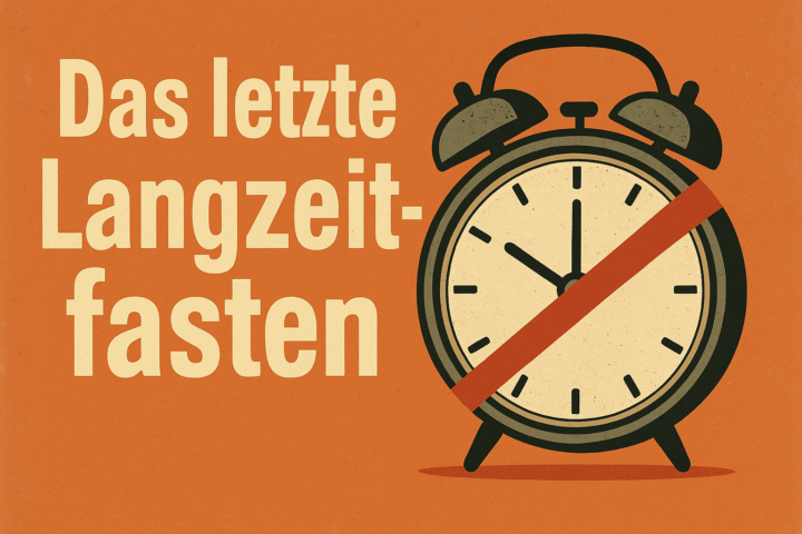 Illustration mit dem Titel „Das letzte Langzeitfasten“. Links steht der Titel in großer beigefarbener Schrift auf orangefarbenem Hintergrund. Rechts daneben ist ein klassischer Wecker mit zwei Glocken dargestellt, der in beigen und dunklen Tönen gehalten ist. Eine rote diagonale Linie verläuft über das Ziffernblatt des Weckers – als Symbol für ein Ende oder einen Abschluss.