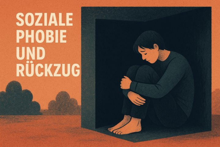 Illustration mit dem Titel „Soziale Phobie und Rückzug“. Links im Bild steht in großen weißen Buchstaben der Text „Soziale Phobie und Rückzug“ auf orangefarbenem Hintergrund. Rechts sitzt eine dunkel gekleidete, traurige Person barfuß in einer Ecke eines dunklen Kastens oder Raumes. Die Person hat die Knie angezogen, umarmt ihre Beine und blickt mit gesenktem Kopf nach unten. Die Umgebung ist stilisiert und wirkt gedrückt, was Einsamkeit und Rückzug symbolisiert.