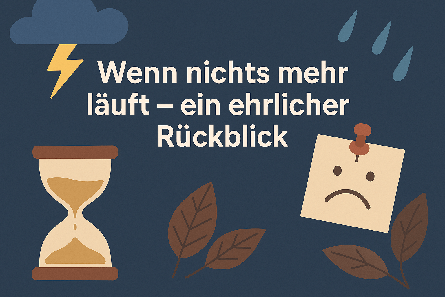 Das Bild zeigt eine grafisch gestaltete Szene mit dem Text in der Mitte: „Wenn nichts mehr läuft – ein ehrlicher Rückblick“ in großer, weißer Schrift auf dunkelblauem Hintergrund. Rund um den Text sind symbolhafte Illustrationen verteilt, die eine melancholische oder nachdenkliche Stimmung ausdrücken: Oben links: eine dunkelblaue Regenwolke mit einem gelben Blitz darunter. Oben rechts: drei blaue Regentropfen. Unten links: eine Sanduhr mit gelbem Sand. Unten rechts: ein schräg befestigter Notizzettel mit einem traurigen Gesicht (Punktaugen, nach unten gebogener Mund) und einem roten Pin. Unten verteilt: mehrere braune, herbstlich wirkende Blätter. Die grafischen Elemente und Farben vermitteln eine Stimmung von Stillstand, Frustration oder Rückblick auf eine schwierige Zeit.