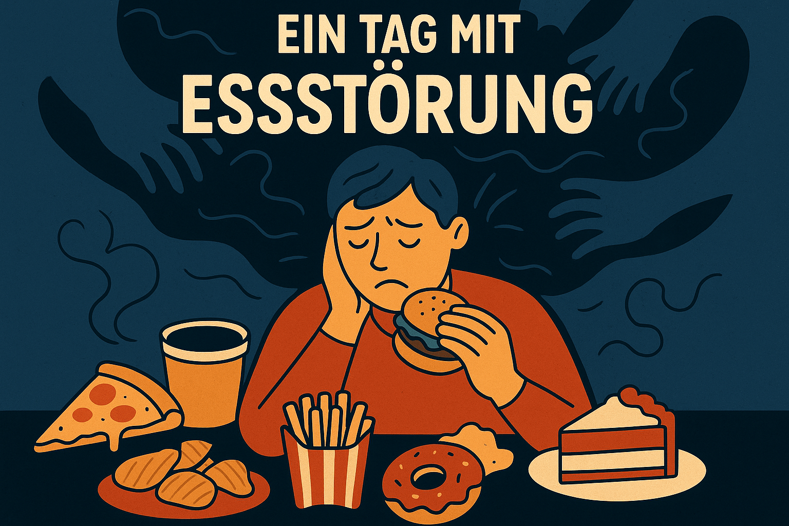 Die Illustration zeigt eine stilisierte, geschlechtsneutrale Person in einem Flat-Design-Stil. Die Person sitzt an einem Tisch voller ungesunder Lebensmittel: Pizza, Croissants, Pommes, ein Donut, ein Stück Torte, ein Getränk und ein großer Burger, den die Person gerade in der Hand hält. Der Gesichtsausdruck wirkt traurig und erschöpft – eine Hand stützt den Kopf, die Augen sind geschlossen oder gesenkt. Hinter der Person steigen dunkle, rauchähnliche Schatten auf, die wie Hände geformt sind. Sie symbolisieren negative Gedanken oder Emotionen, die auf die Person einwirken und sie bedrängen. Am oberen Rand des Bildes steht in großen Buchstaben: „EIN TAG MIT ESSSTÖRUNG“. Die Farben sind gedämpft, mit viel Dunkelblau, Orange und Beige, was die düstere und bedrückende Stimmung des Themas unterstreicht.