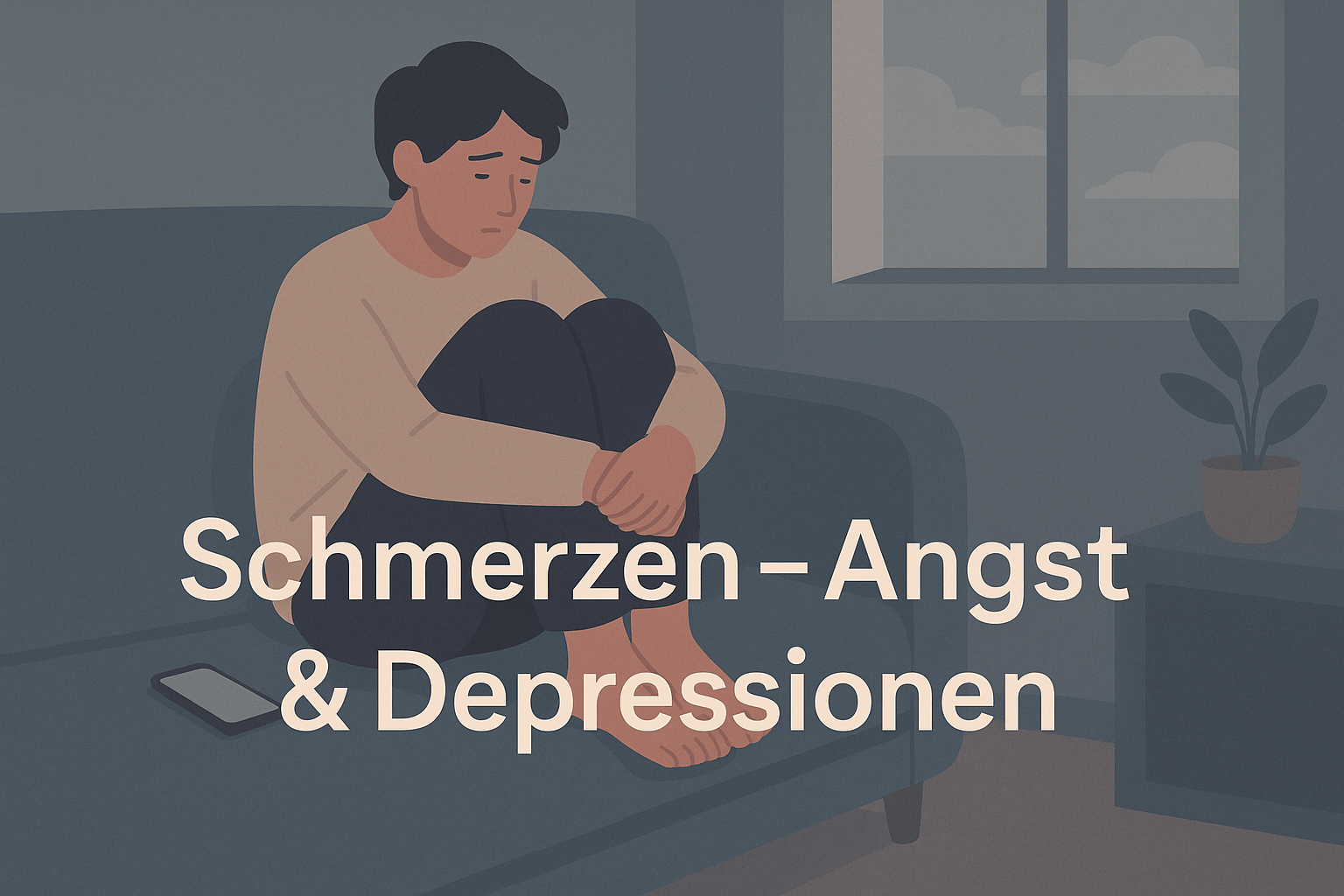 Illustration im Flat-Design-Stil: Eine genderneutrale Person sitzt mit angezogenen Beinen und traurigem Gesichtsausdruck auf einem Sofa in einem schlichten, dunkel getönten Wohnzimmer. Neben der Person liegt ein Smartphone mit leuchtendem Bildschirm. Durch das Fenster ist ein grauer, wolkenverhangener Himmel zu sehen. Auf dem Boden steht eine Topfpflanze. Der Text „Schmerzen – Angst & Depressionen“ ist groß und zentriert im unteren Bildbereich eingeblendet. Die Stimmung wirkt ruhig, bedrückt und nachdenklich.